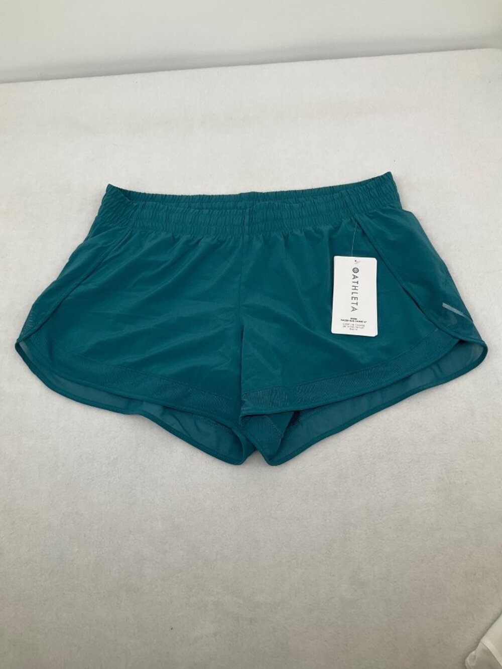 Athleta size Large Mesh Racer Run 4" Shorts Teal Blue Lined, NEW - Picture 2 of 13